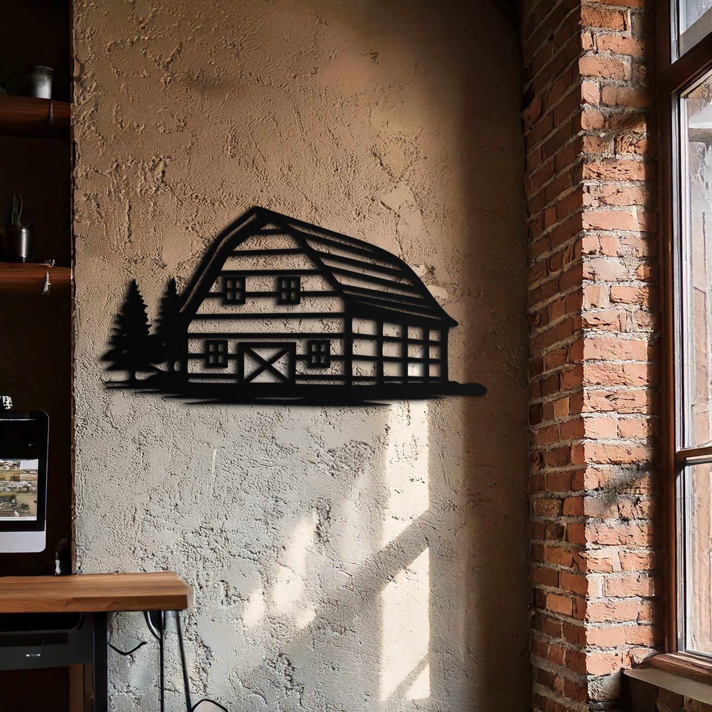 Rustic Barn and Pine Trees Metal Wall Art – Country House Landscape Silhouette Decor- KAF681