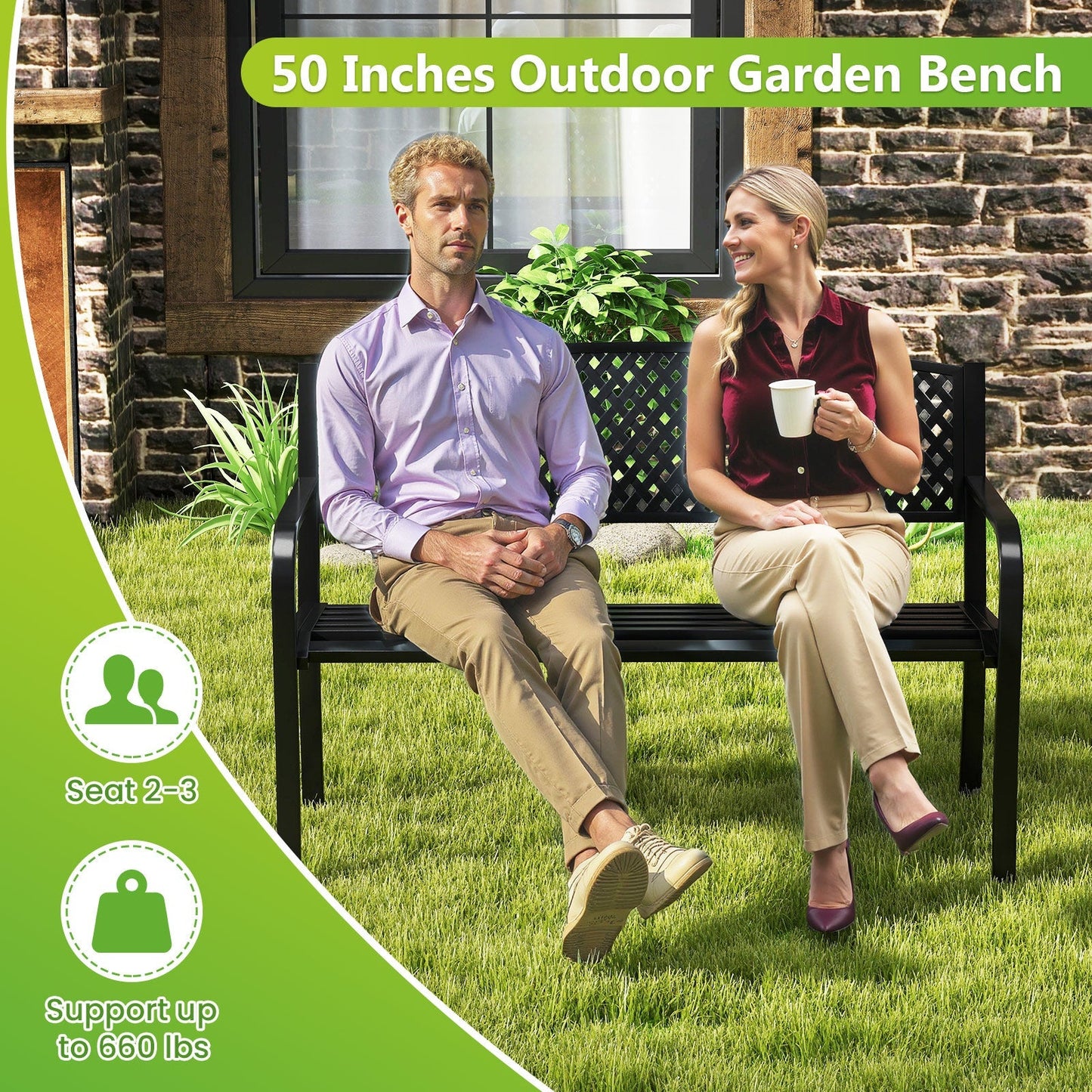 Metal Outdoor Bench with High Back for 2-3-Person Patio Bench-Black