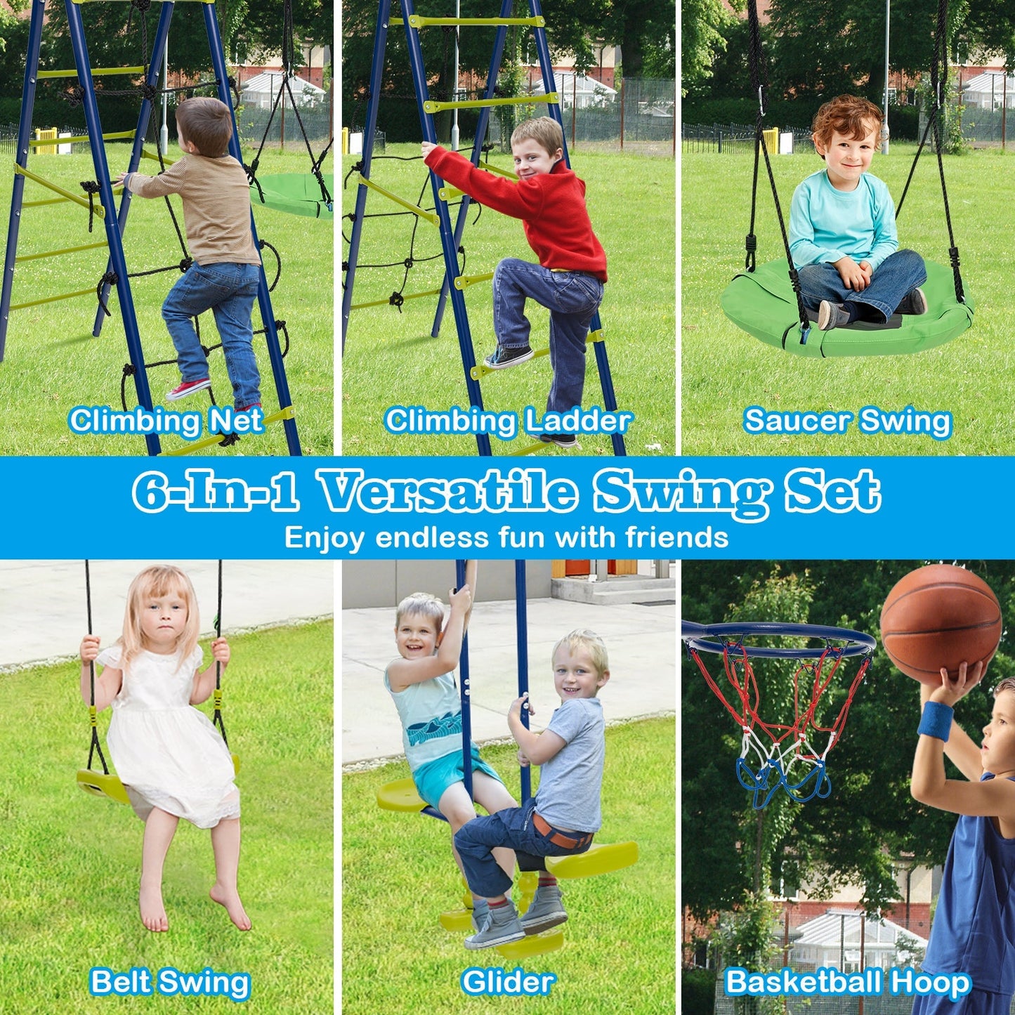 550 LBS 6-in-1 Patio Kids Swing Set with Climbing Net and Ladder