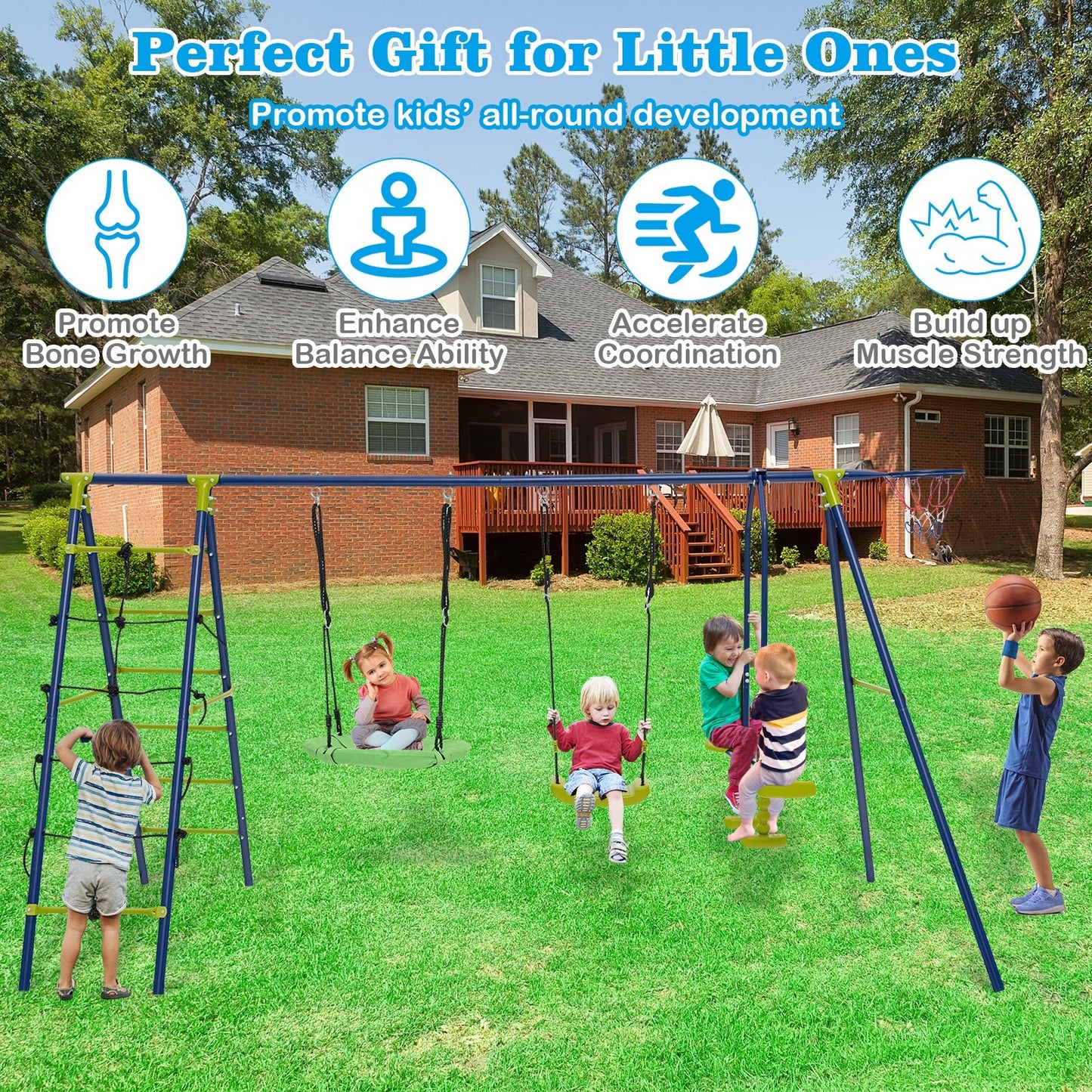 550 LBS 6-in-1 Patio Kids Swing Set with Climbing Net and Ladder