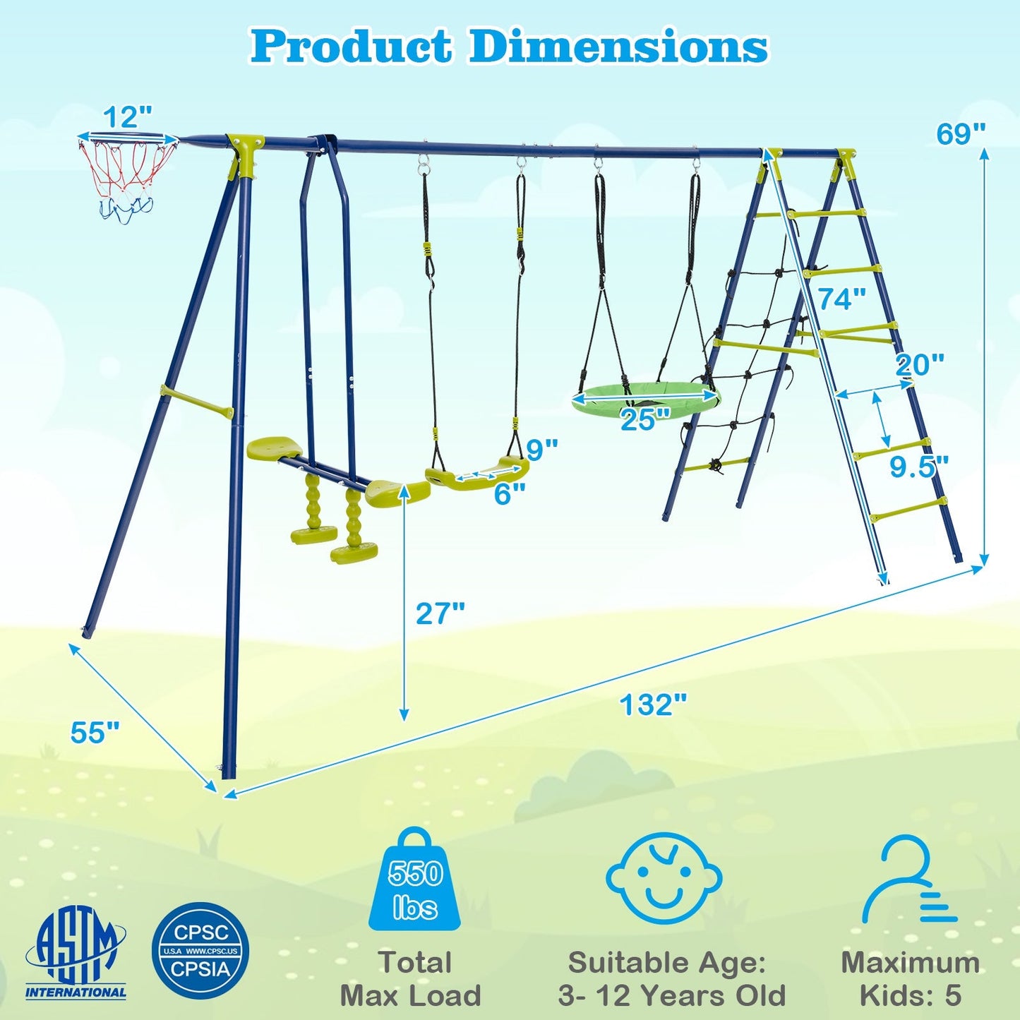 550 LBS 6-in-1 Patio Kids Swing Set with Climbing Net and Ladder