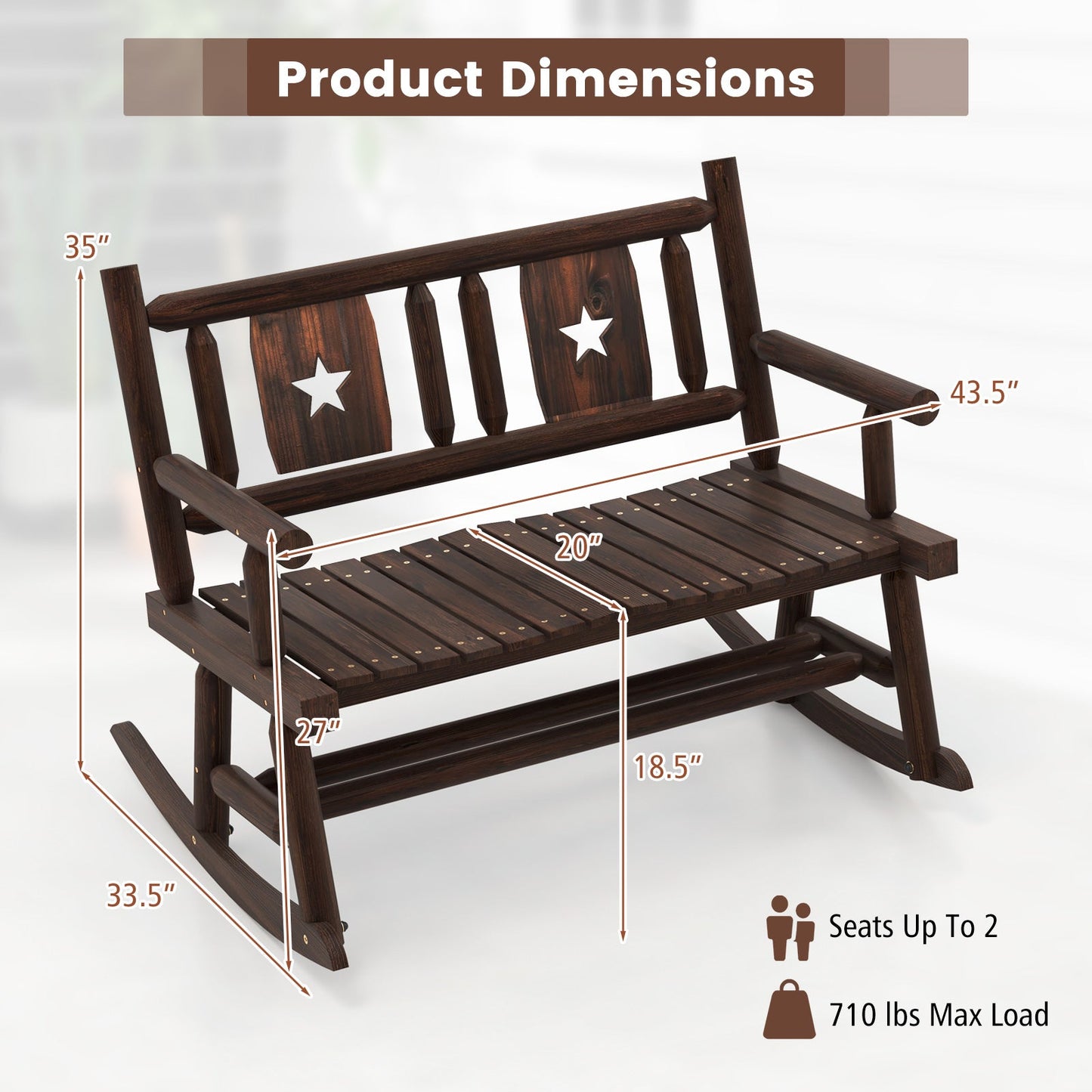 Patio Rocking Bench Double Rocker Chair with Ergonomic Seat 2-Person Loveseat