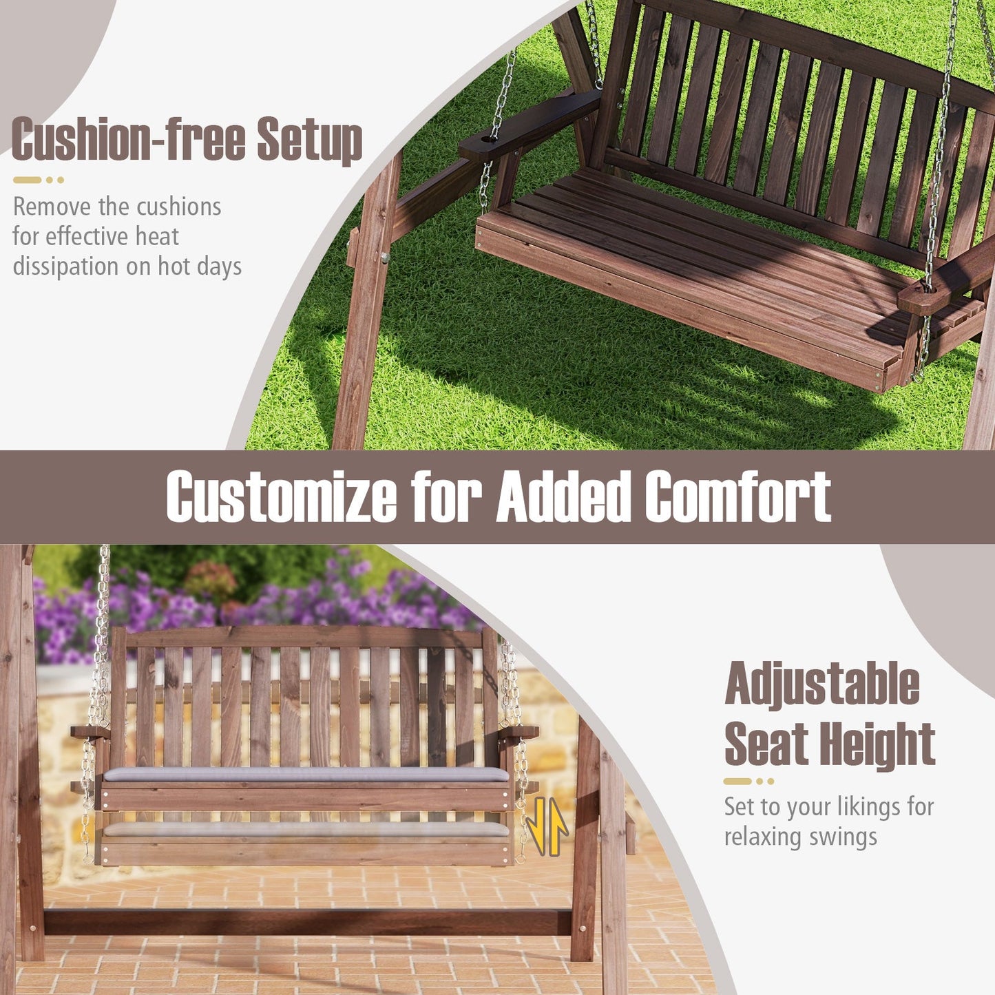 2-Person Porch Swing with Fir Wood Stand and Tilt Canopy-Brown