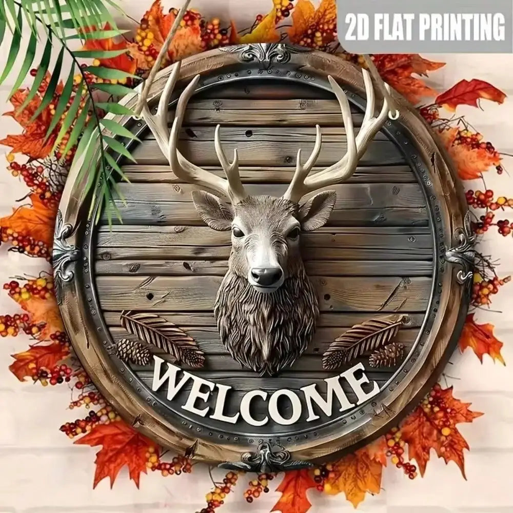 Country Style Deer Antler Welcome Sign - Rustic Metal Horizontal Wall Hanging Decor