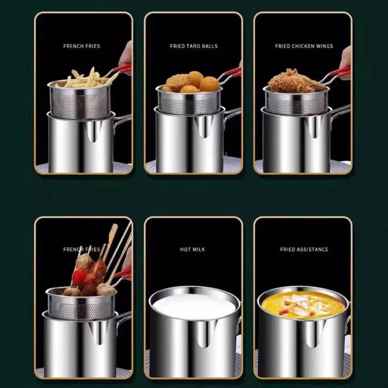 304 Stainless Steel Deep Fryer With Frying Basket Multifunction Small Pot For Kitchen Chicken Fish Cooking Tool