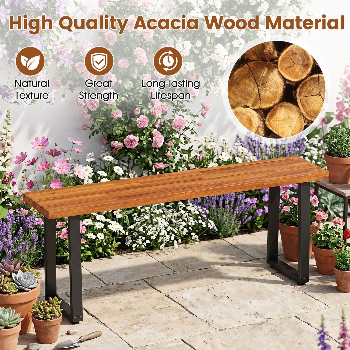 Acacia Wood Patio Bench Set of 2, 47.5" Outdoor Dining Bench