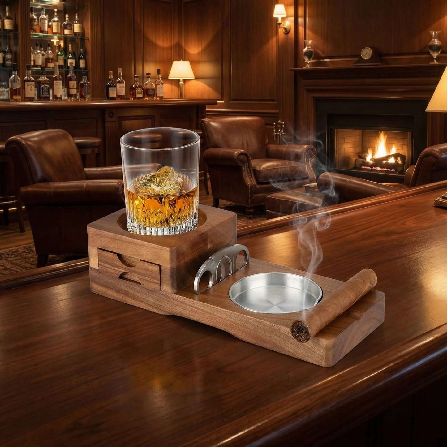Multifunction Cigar & Whiskey Gift Set Stand with Ashtray and Drawer