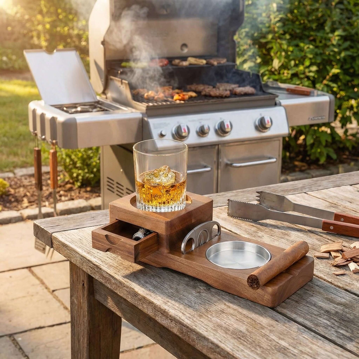 Multifunction Cigar & Whiskey Gift Set Stand with Ashtray and Drawer