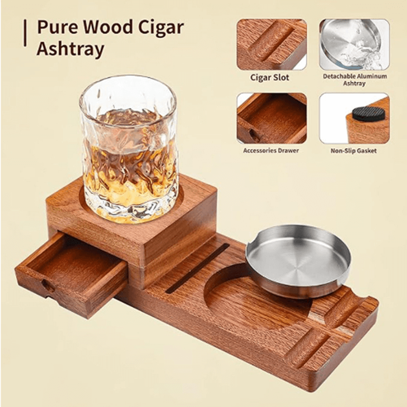 Multifunction Cigar & Whiskey Gift Set Stand with Ashtray and Drawer