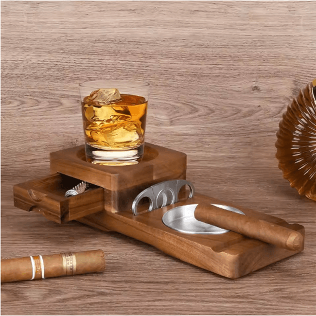 Multifunction Cigar & Whiskey Gift Set Stand with Ashtray and Drawer