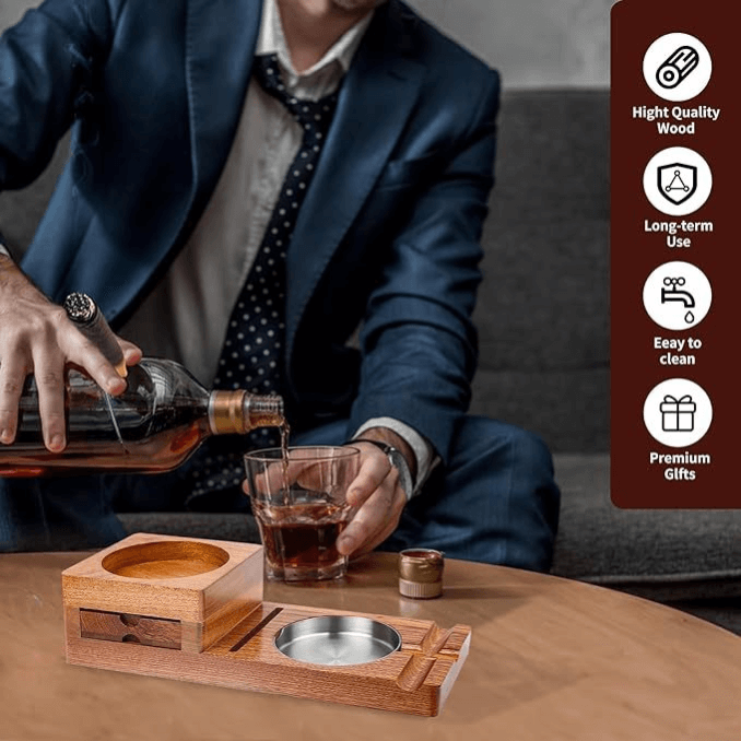 Multifunction Cigar & Whiskey Gift Set Stand with Ashtray and Drawer