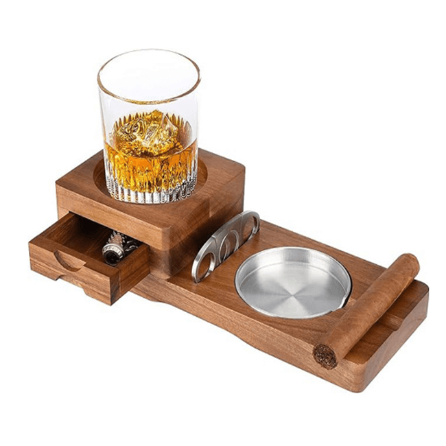 Multifunction Cigar & Whiskey Gift Set Stand with Ashtray and Drawer