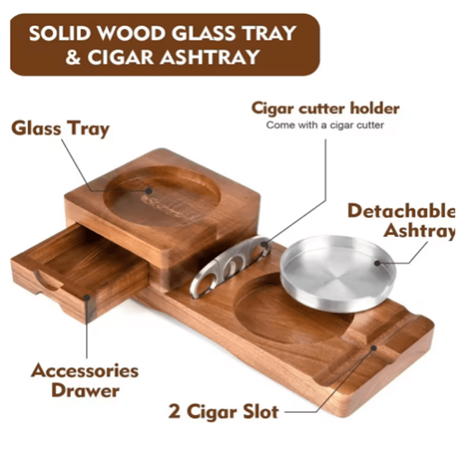 Multifunction Cigar & Whiskey Gift Set Stand with Ashtray and Drawer