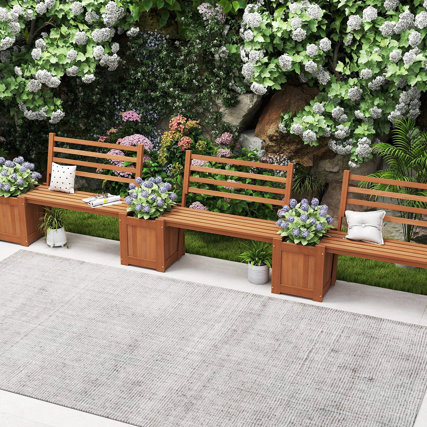 Wood Planter Box with Bench and Backrest for Garden Yard Balcony