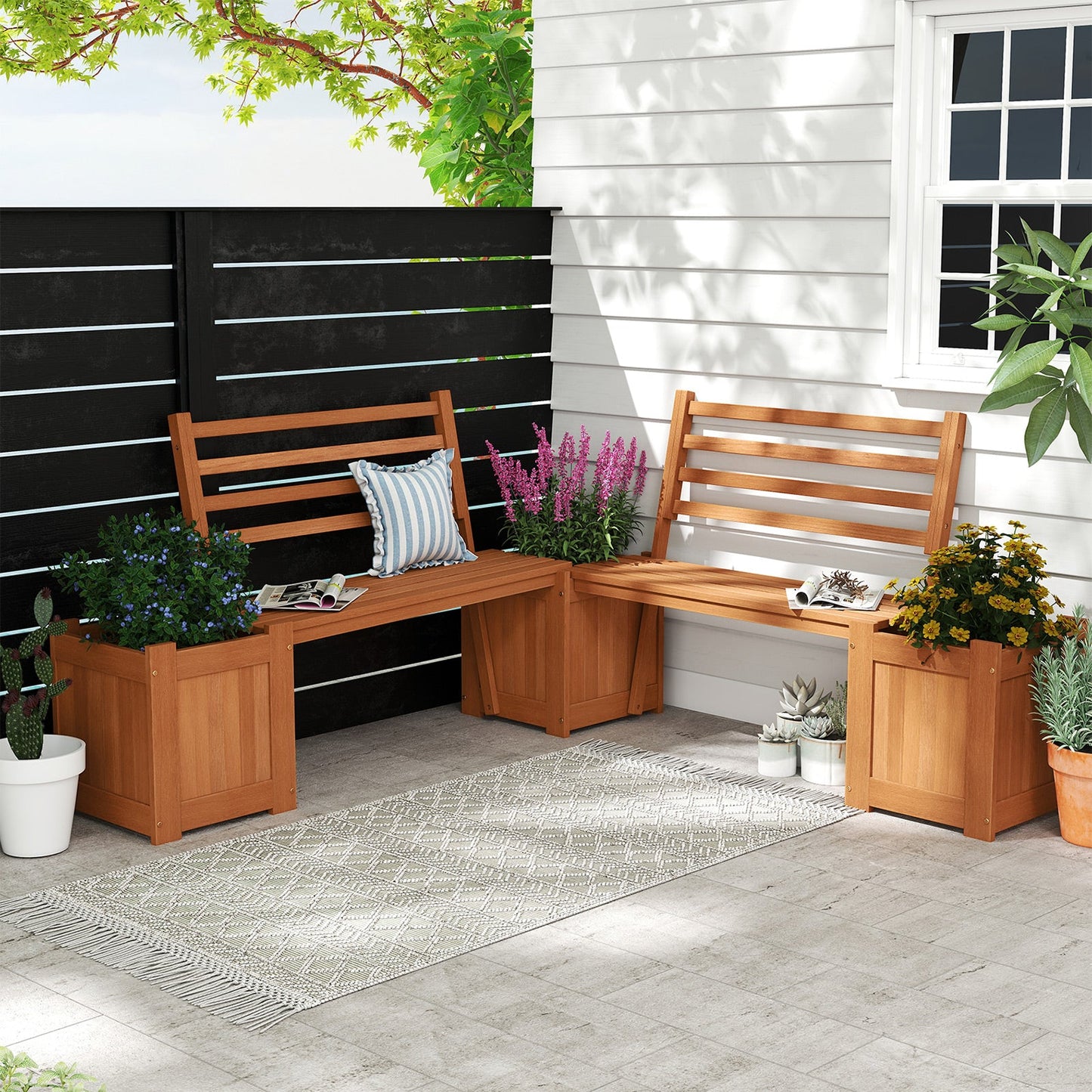 Wood Planter Box with Bench and Backrest for Garden Yard Balcony