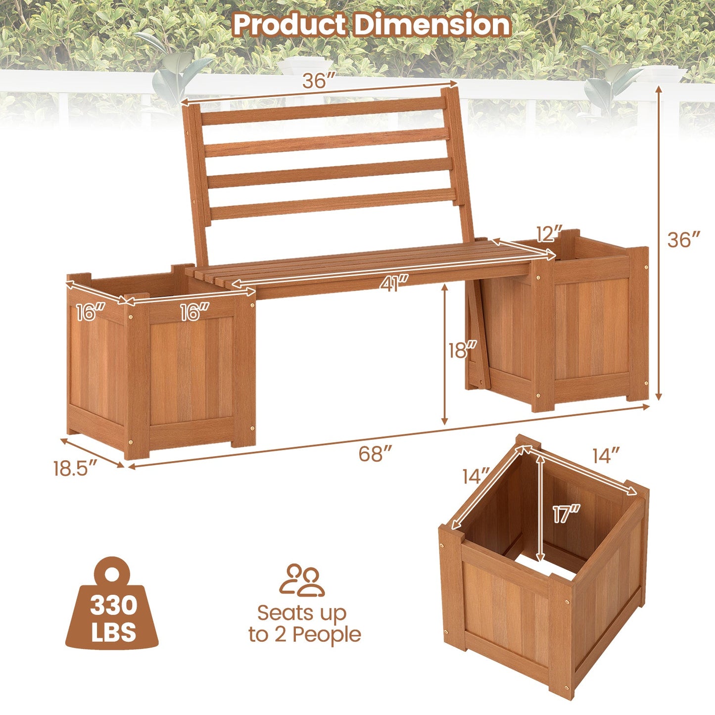 Wood Planter Box with Bench and Backrest for Garden Yard Balcony
