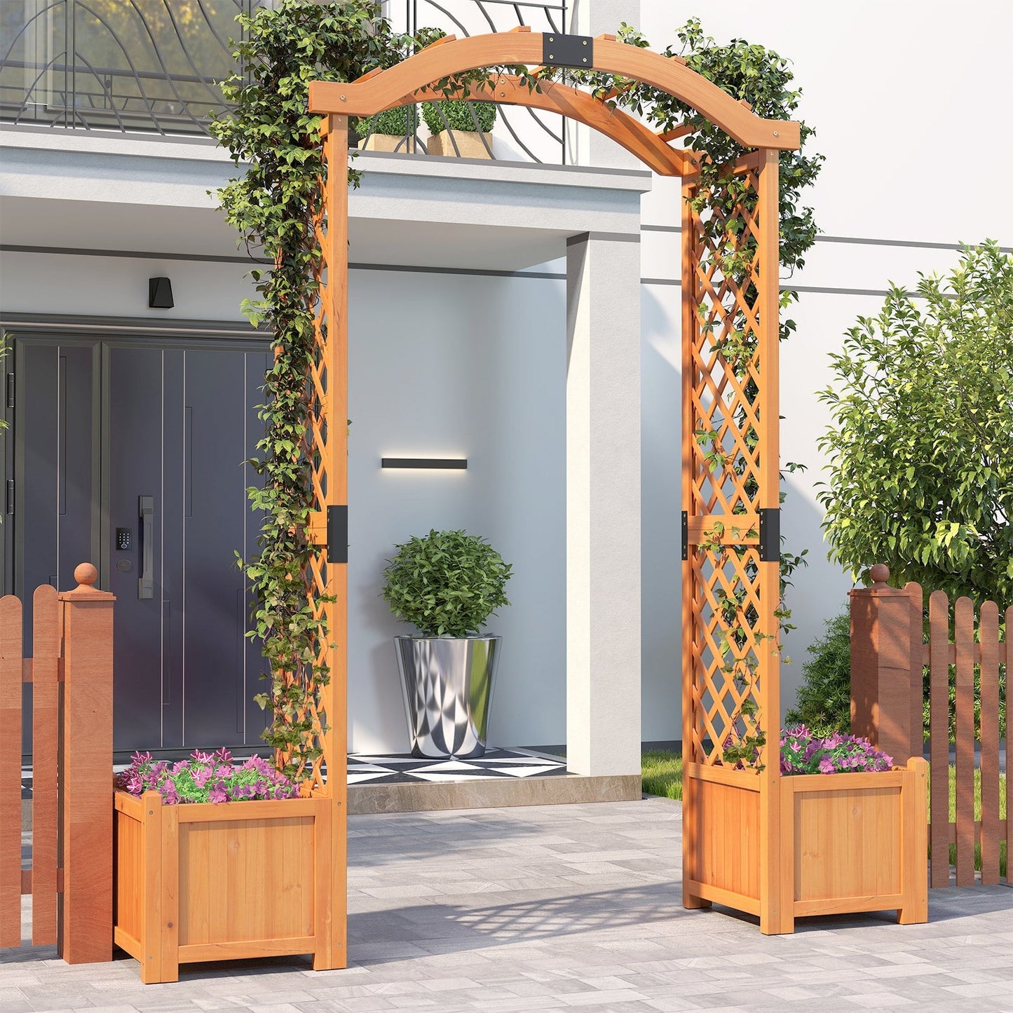 Wooden Garden Arbor with Planter and Trellis for Climbing Plants Decorations