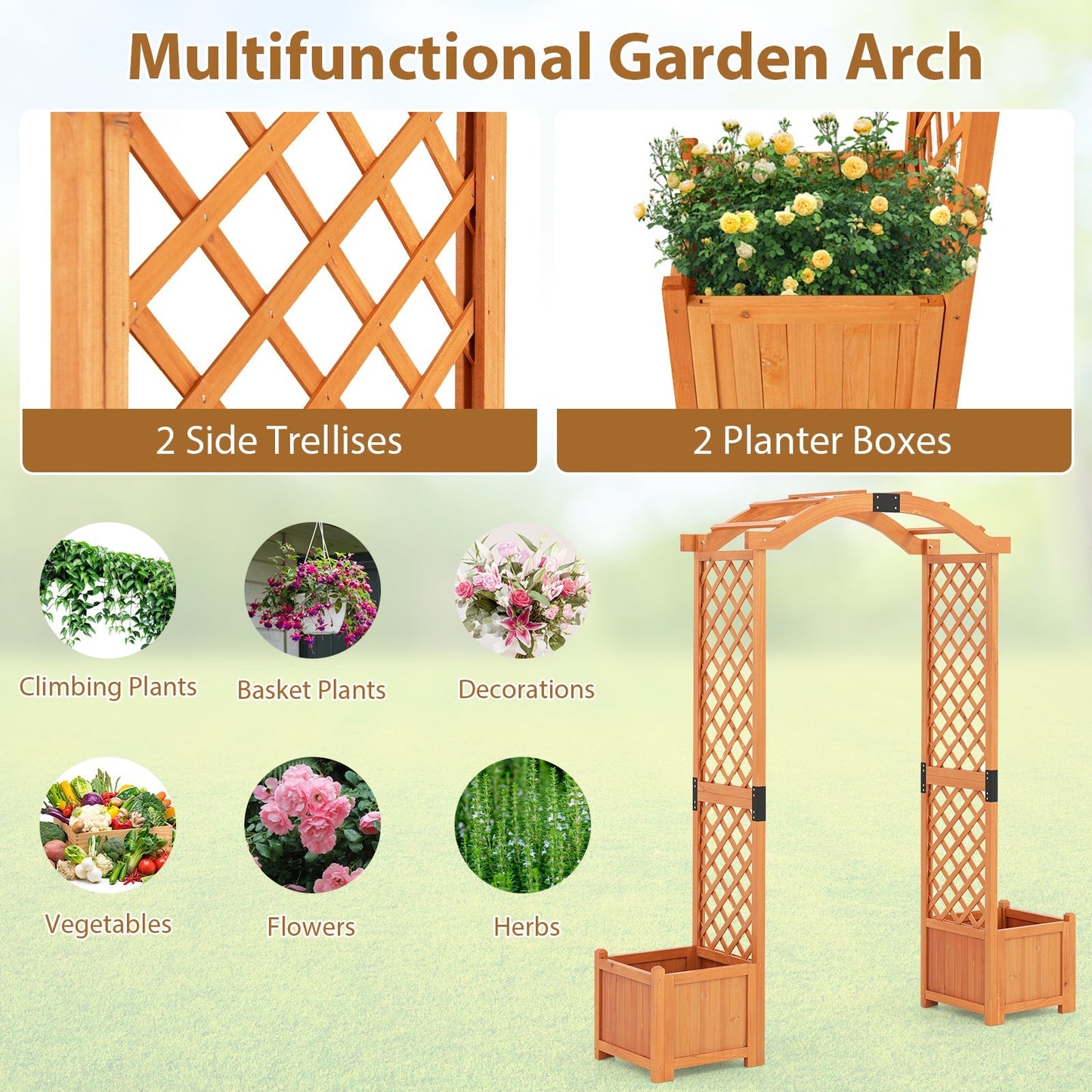 Wooden Garden Arbor with Planter and Trellis for Climbing Plants Decorations