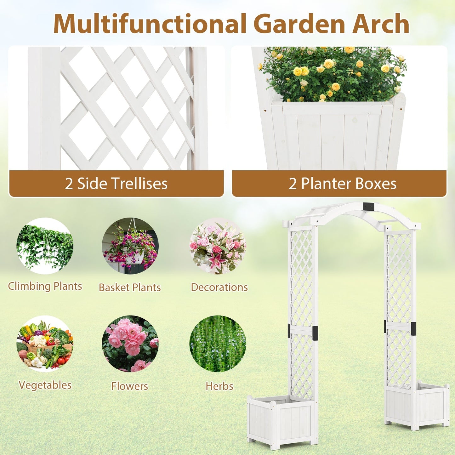 Wooden Garden Arbor with Planter and Trellis for Climbing Plants Decorations