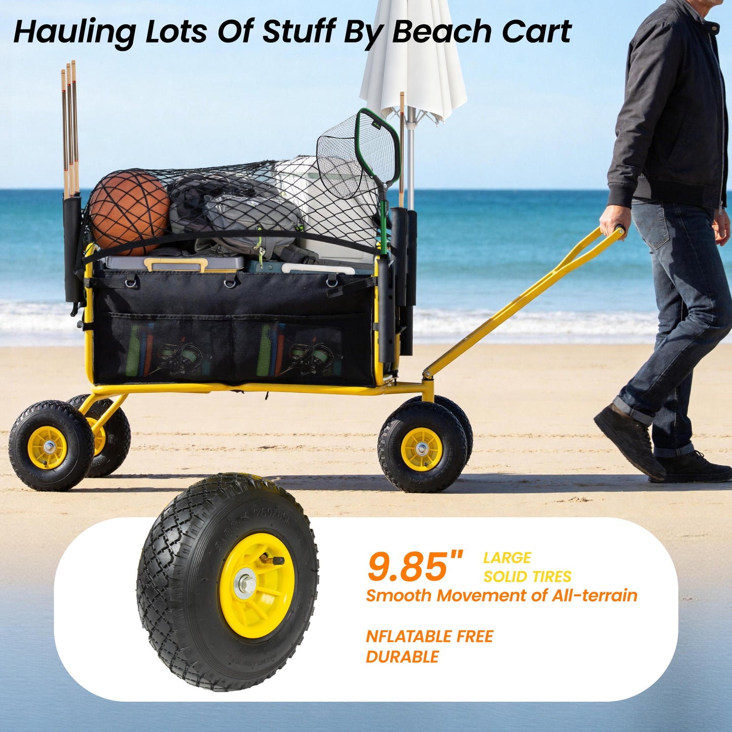 Fishing Cart Beach Cart Collapsible Wagon with 9.85'' All-Terrain Wheels