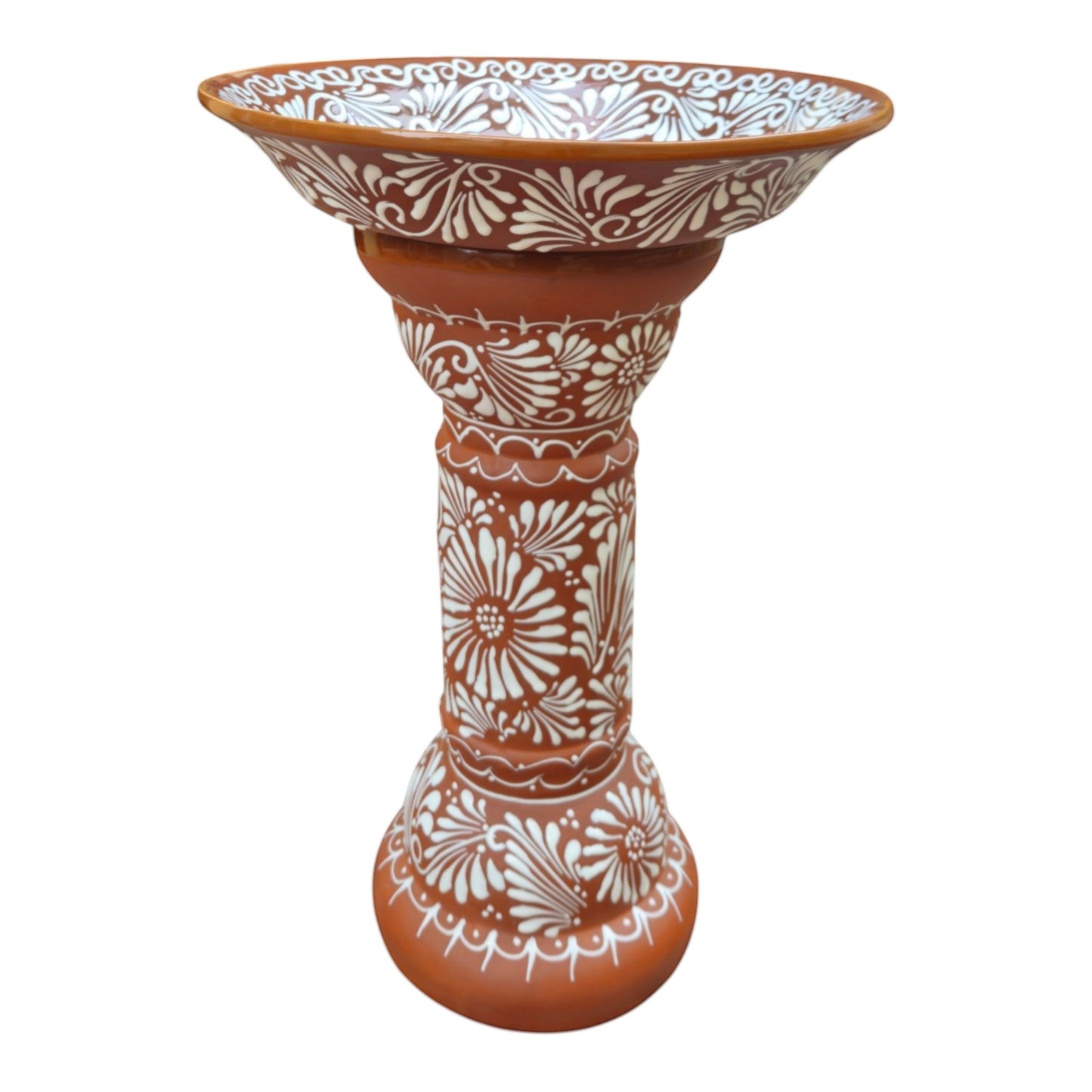 Brown & White Talavera Bird Bath | Handmade Garden Accent