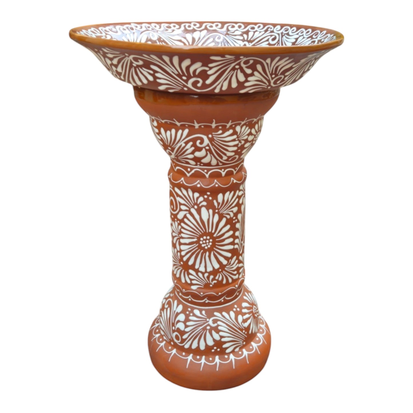 Brown & White Talavera Bird Bath | Handmade Garden Accent