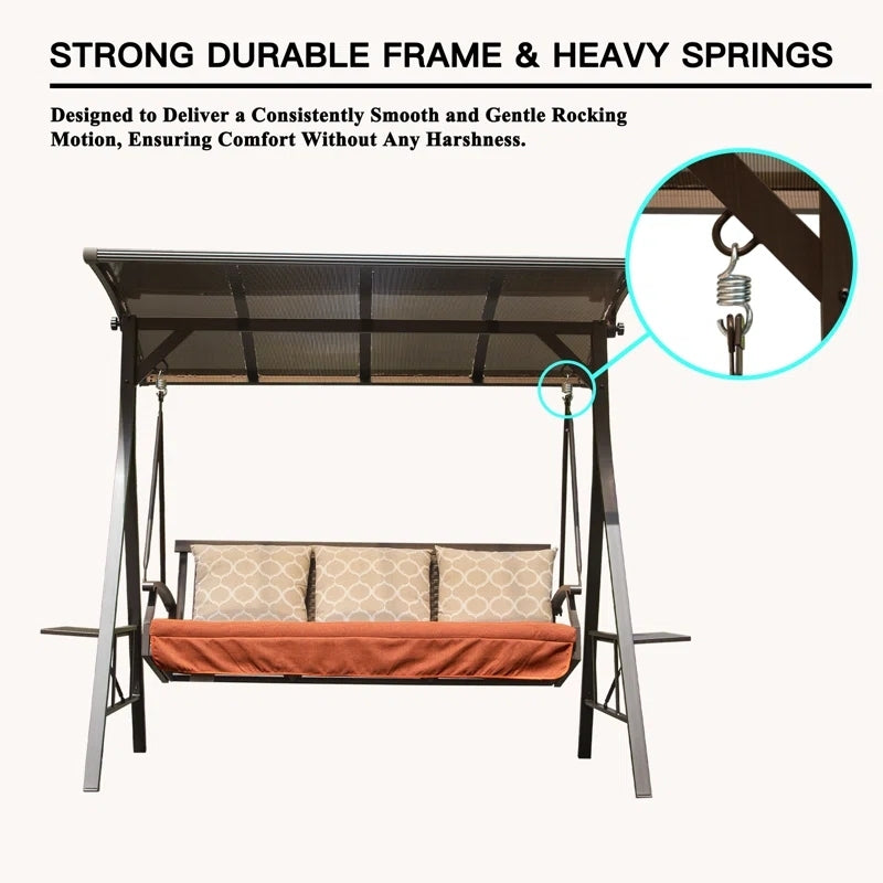 Outdoor Patio Swing 3 Seat Steel Brown Adjustable Canopy Cushioned