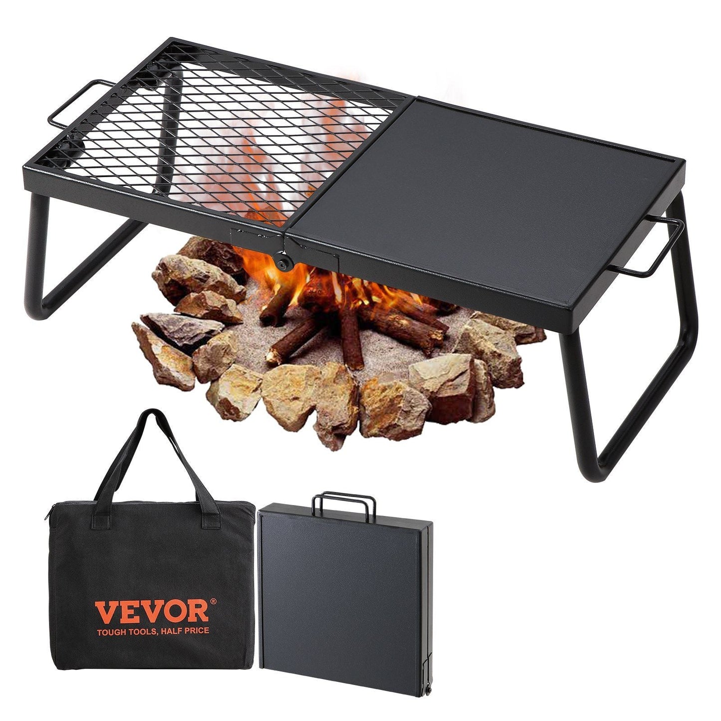 Folding Campfire Grill, Heavy Duty Steel Mesh Grate, 22.4" Portable Camping Grates Over Fire Pit, Camp Fire Cooking Equipment with Legs Carrying Bag, Grilling Rack for Outdoor Open Flame Cooking