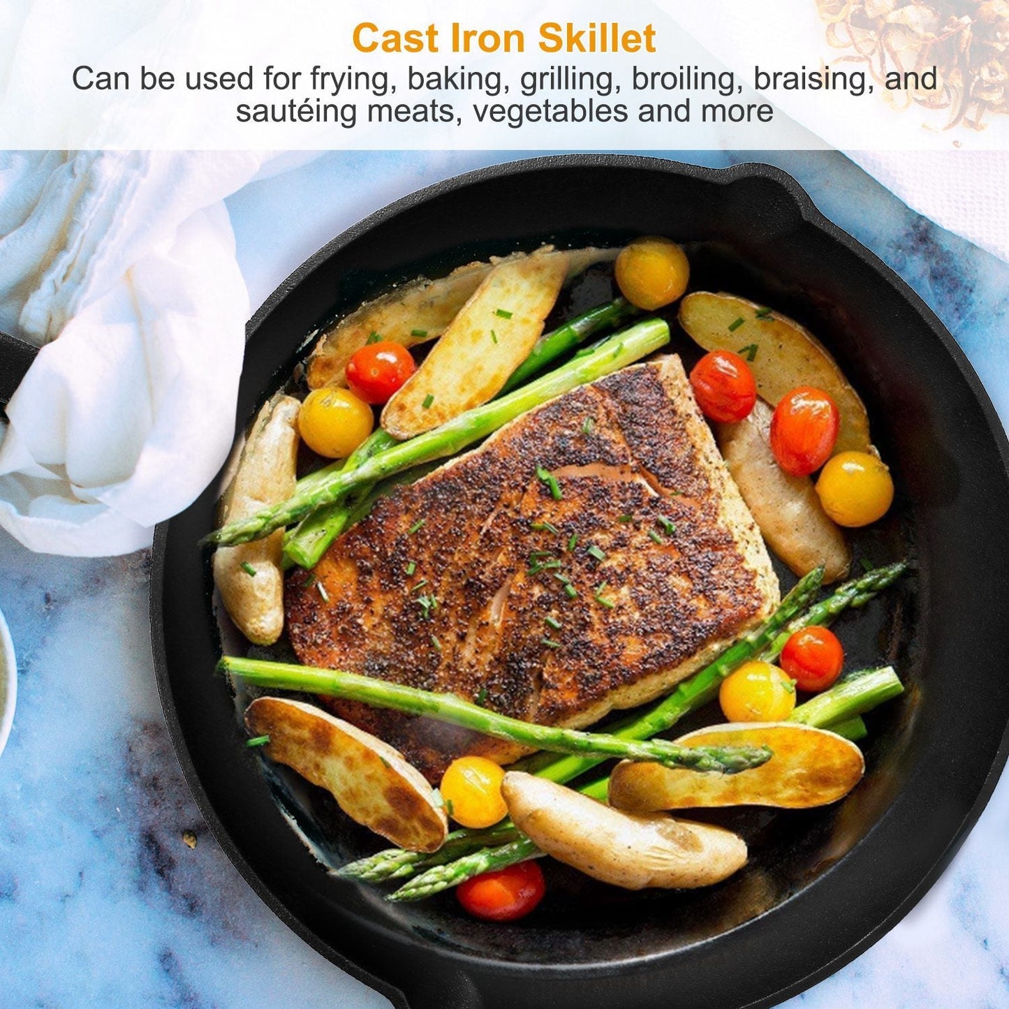 3Pcs Pre-Seasoned Cast Iron Skillet Set 6/8/10in Non-Stick Oven Safe Cookware Heat-Resistant Frying Pan