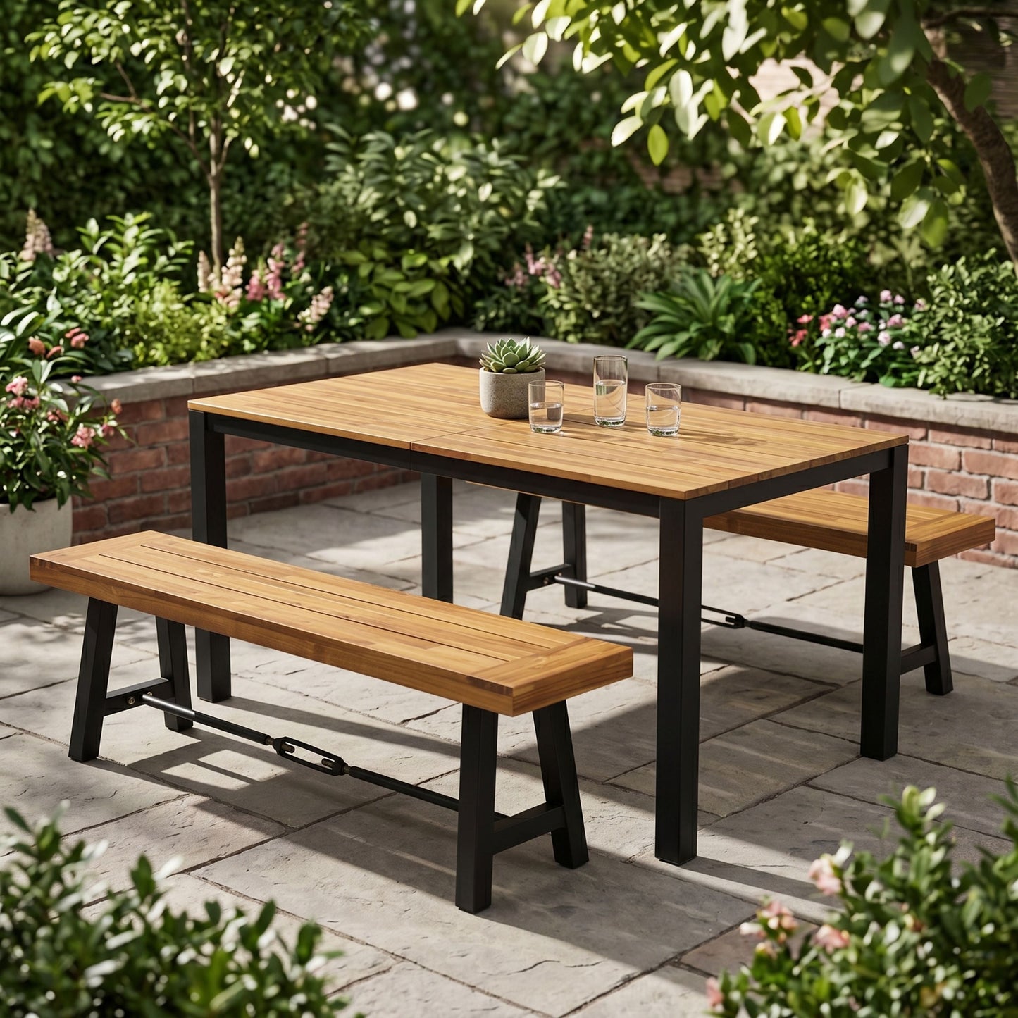 3-Piece Outdoor Acacia Wood Dining Set, 71" Rectangular Patio Table & 2 Benches