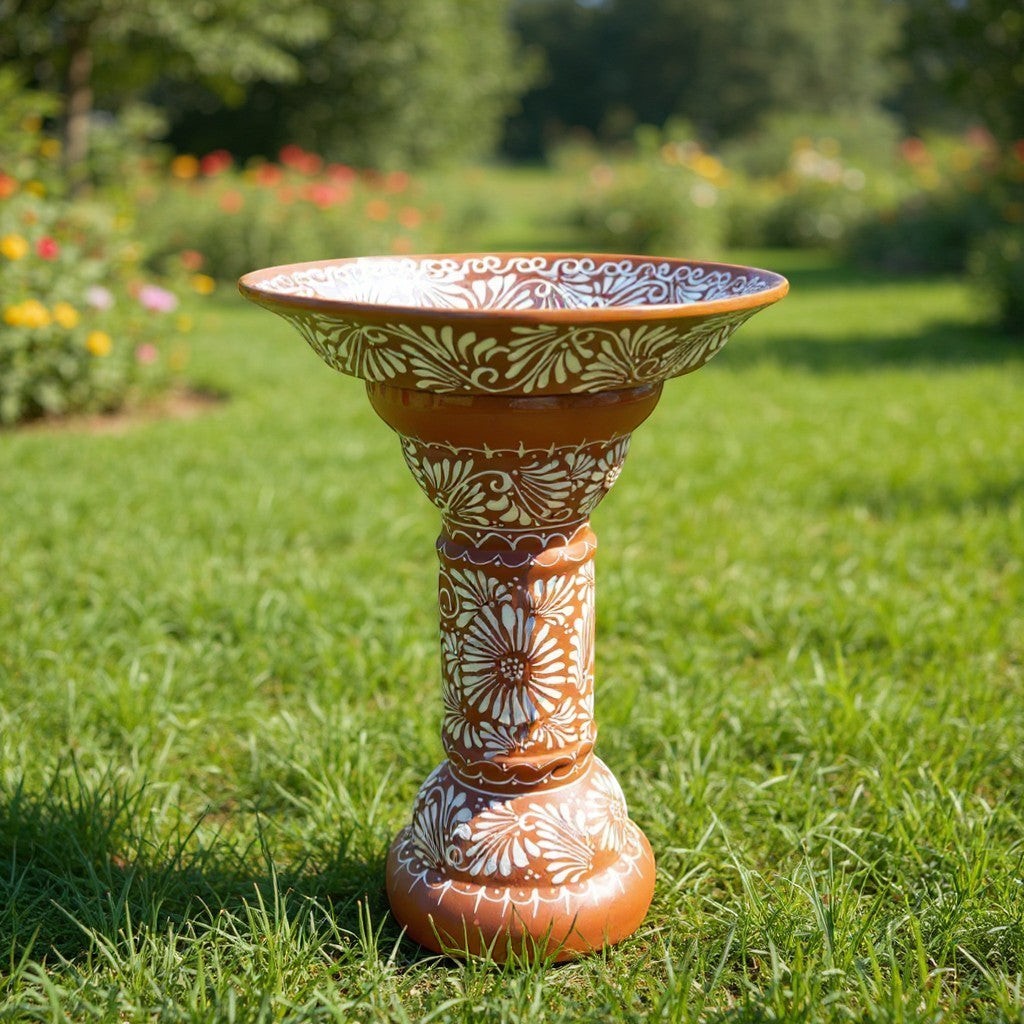 Brown & White Talavera Bird Bath | Handmade Garden Accent