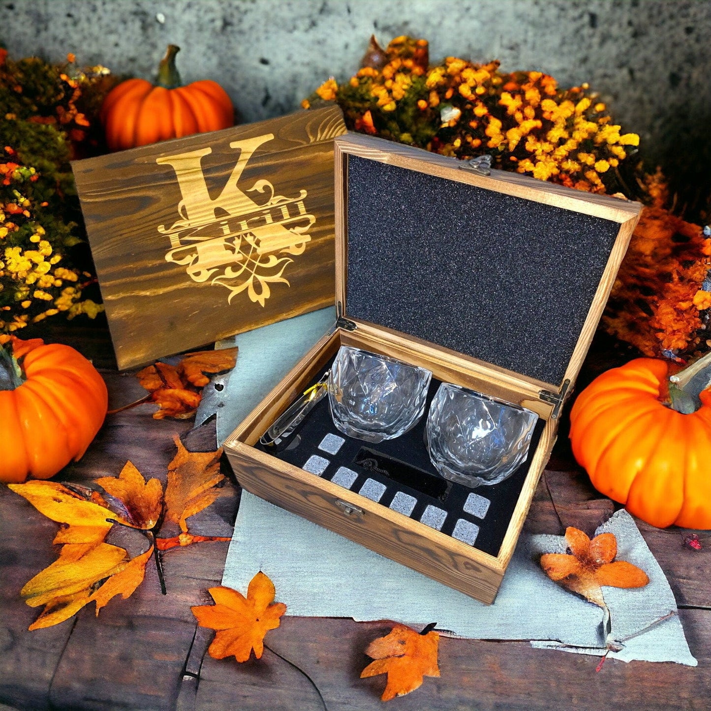 Personalized Whiskey Stones Glass Set Pine Wood Gift Box Girl Groomsmen Father Husband Gift