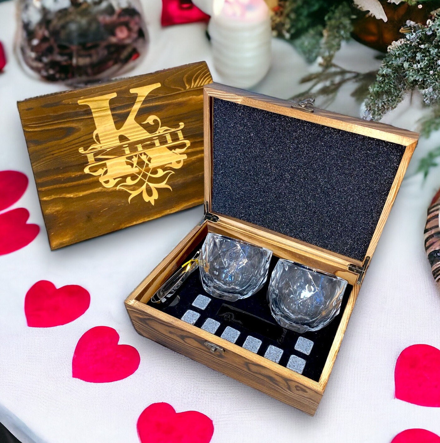Personalized Whiskey Stones Glass Set Pine Wood Gift Box Girl Groomsmen Father Husband Gift