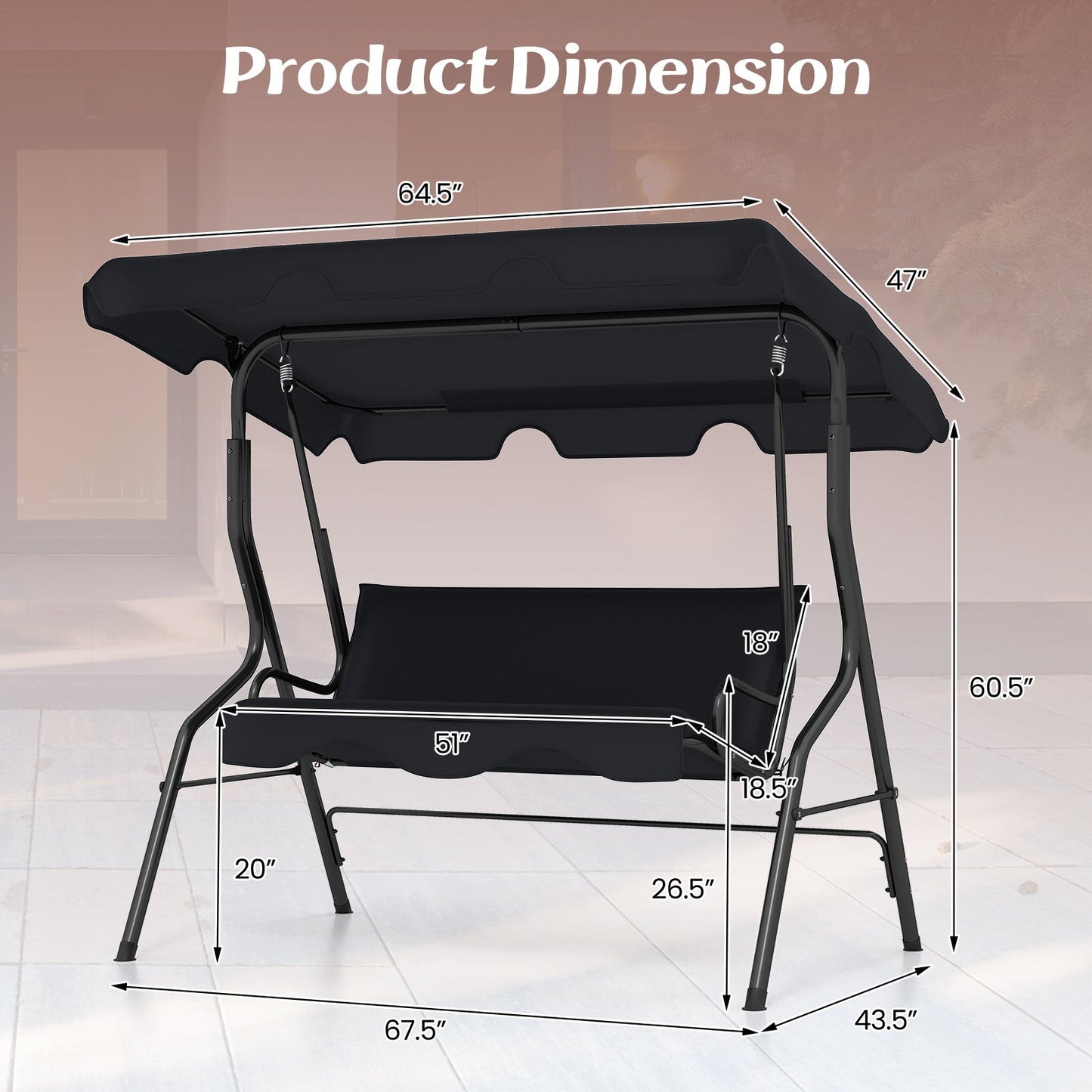 3 Seat Outdoor Patio Canopy Swing with Cushioned Steel Frame-Blue