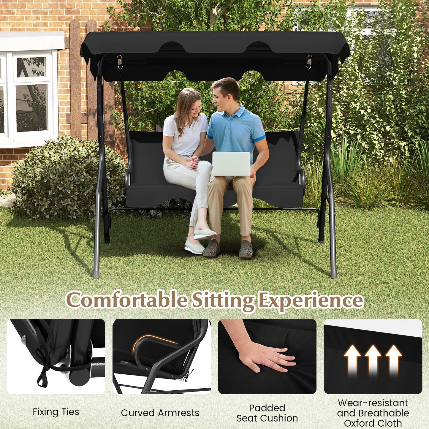 3 Seat Outdoor Patio Canopy Swing with Cushioned Steel Frame-Blue