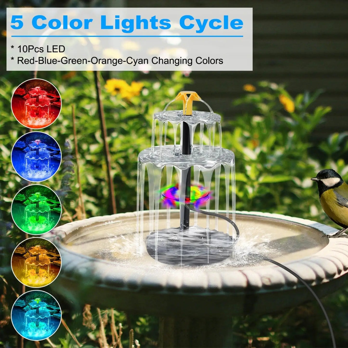Solar Bird Bath Fountain 3 Tier Led Water Feature 6w